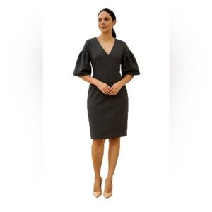 Zara Black Fitted Puff Sleeves Slit In Front Zip Back Dress Size Small